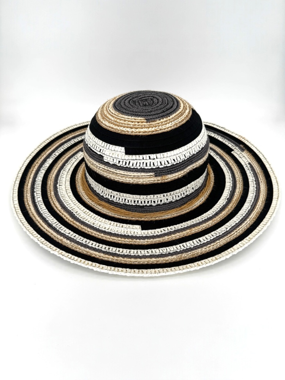 Parkhurst Striped Wide Brim Straw Hat Black Tan White Adjustable One Size